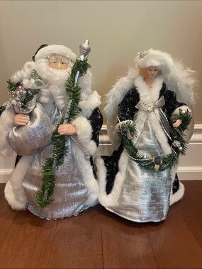 Festive Silver & Navy Holiday Santa and Angel Figurine Set